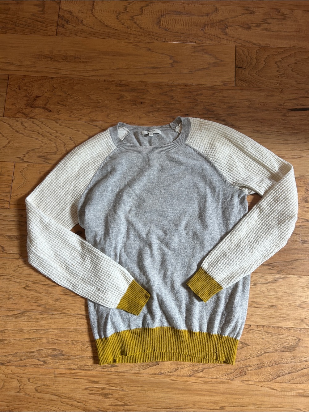 Madewell Gray and Cream Raglan Sweater with Mustard Trim